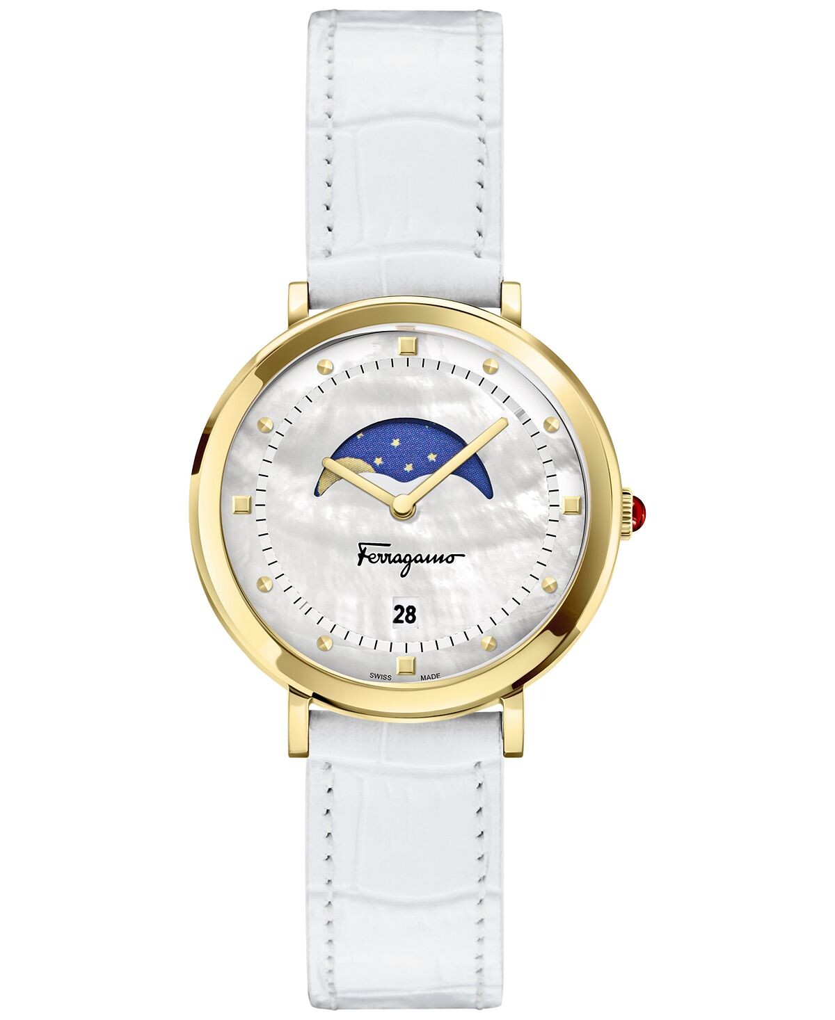 

Женские швейцарские часы Logomania Moon Phase с белым кожаным ремешком, 36 мм Salvatore Ferragamo