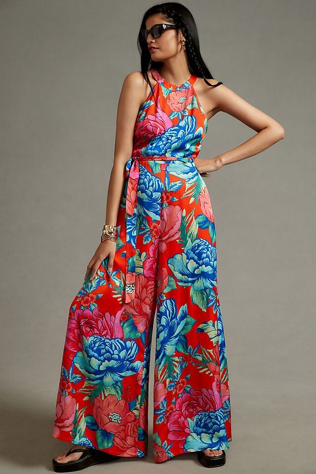 

Комбинезон Farm Rio x Anthropologie льняной с бретельками, розовый