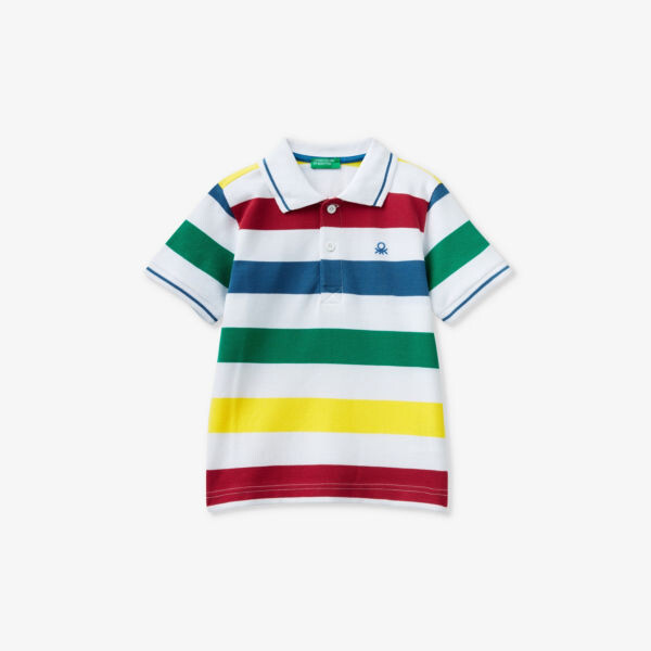 

Рубашка-поло из хлопка в полоску с вышитым логотипом Benetton, мультиколор