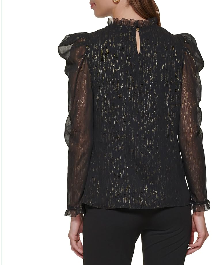 2020 women elegant fashion leopard print shirring neck lantern sleeve blouse casual high neck lantern long sleeve print blouse Блуза DKNY Long Sleeve Ruffle Neck Blouse, черный