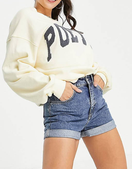 

Голубые джинсовые шорты для мам с подвернутой резинкой на талии Pull&Bear
