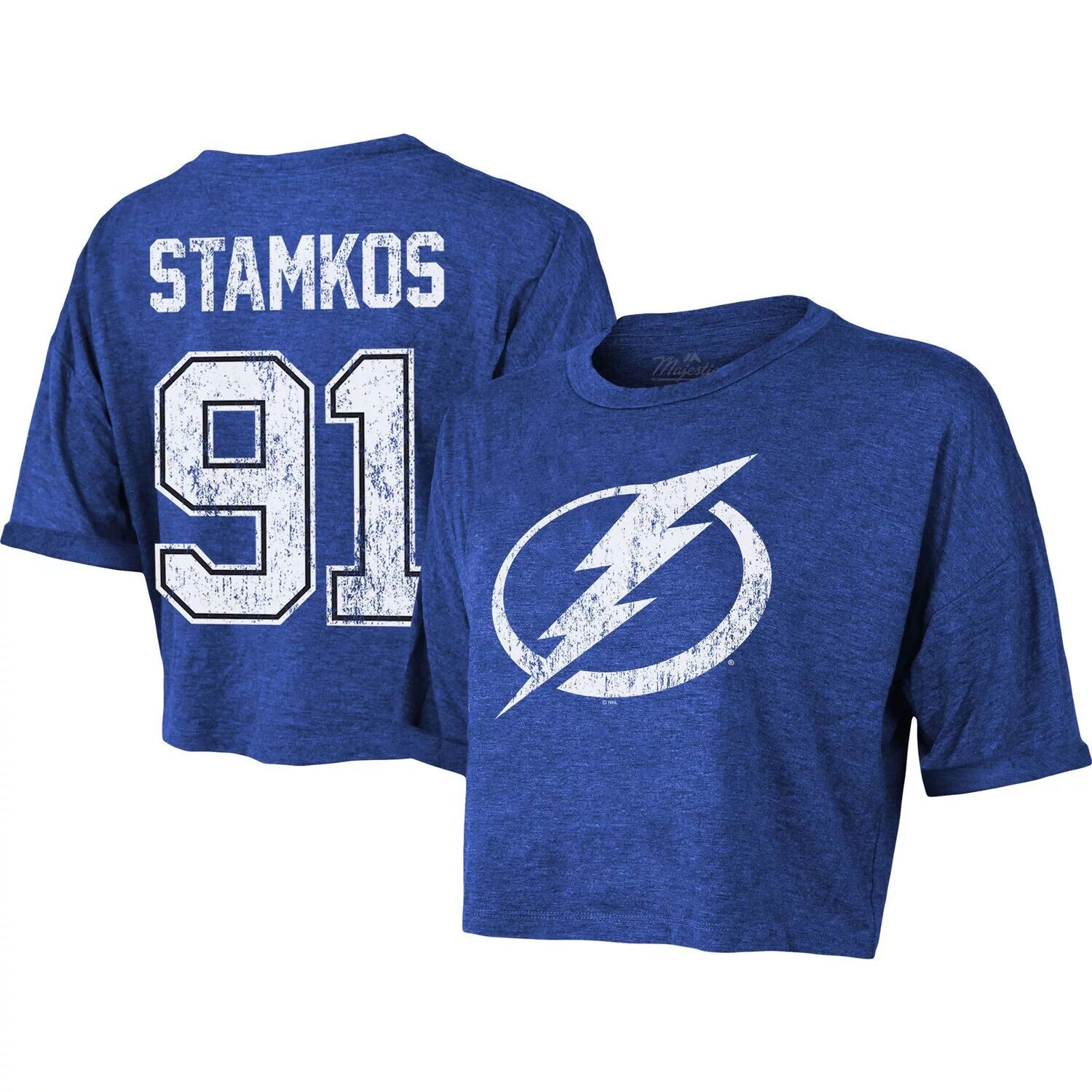 

Женская укороченная футболка свободного кроя с именем и номером Majestic Threads Steven Stamkos Blue Tampa Bay Lightning Majestic