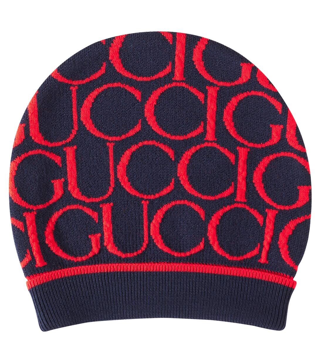 

Шапка-бини из шерсти с жаккардом и логотипом Gucci Kids, цвет mid.night bl/red
