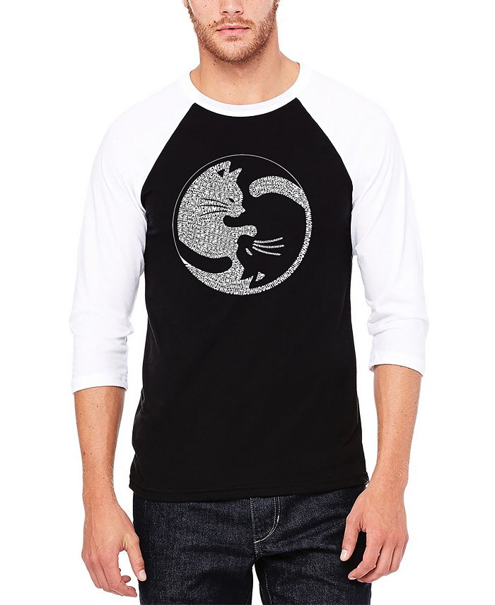 Мужская футболка с рукавами реглан Инь Ян Cat Бейсбол Word Art LA Pop Art, цвет Black, White