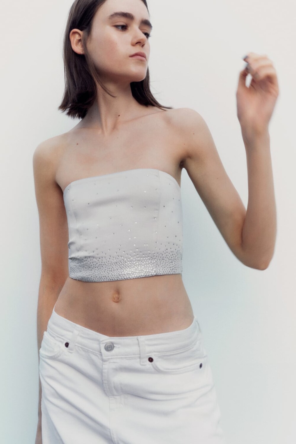 

Атласный топ со стразами ZARA, серебряный