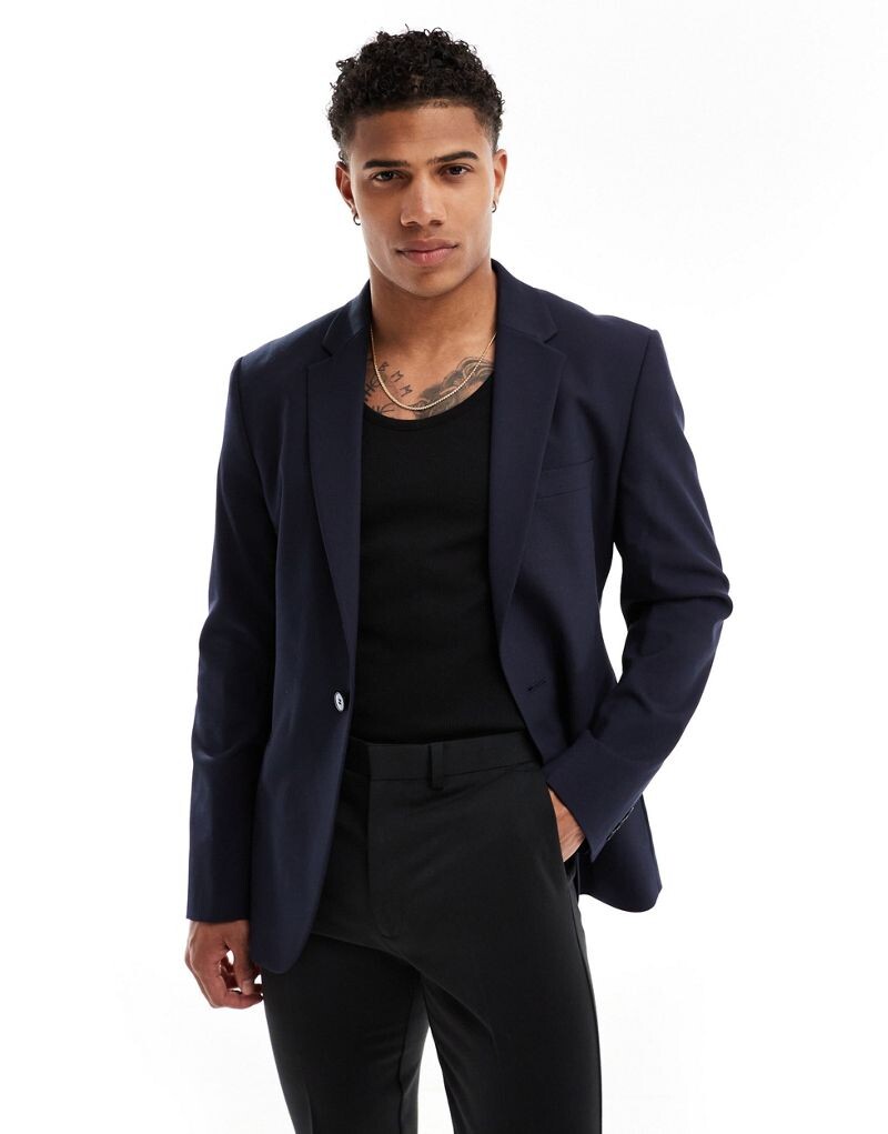 

Темно-синий узкий пиджак ASOS DESIGN