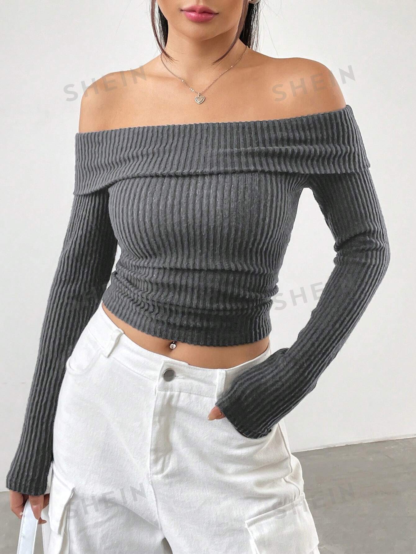 SHEIN EZwear Женская однотонная укороченная футболка с открытыми плечами и открытыми плечами, темно-серый укороченный топ с длинными рукавами pull