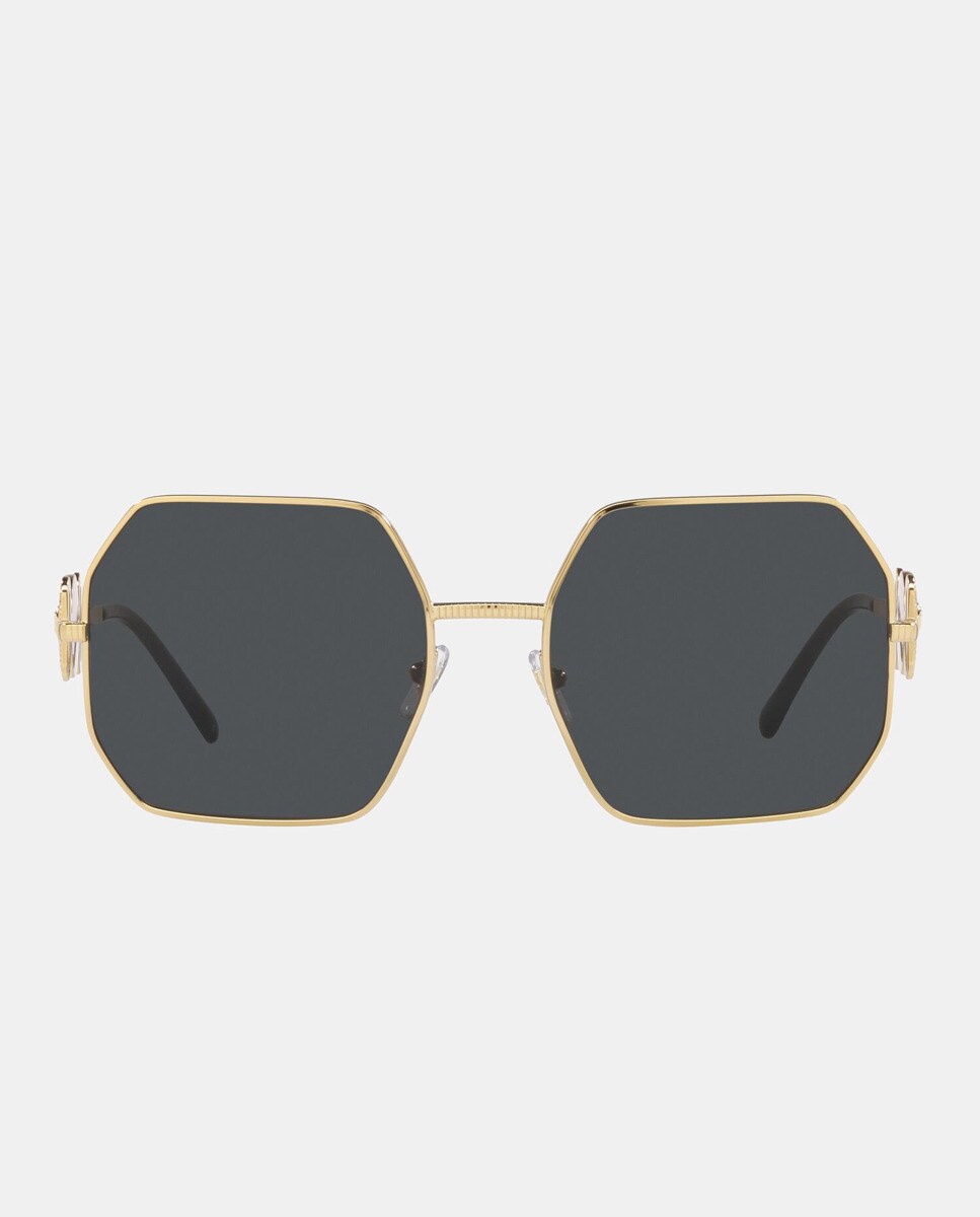 Золотистые женские солнцезащитные очки с геометрическим узором и эффектом металлик Versace, золотой стакан из кристалла bohemia в золотой оправе zara золото