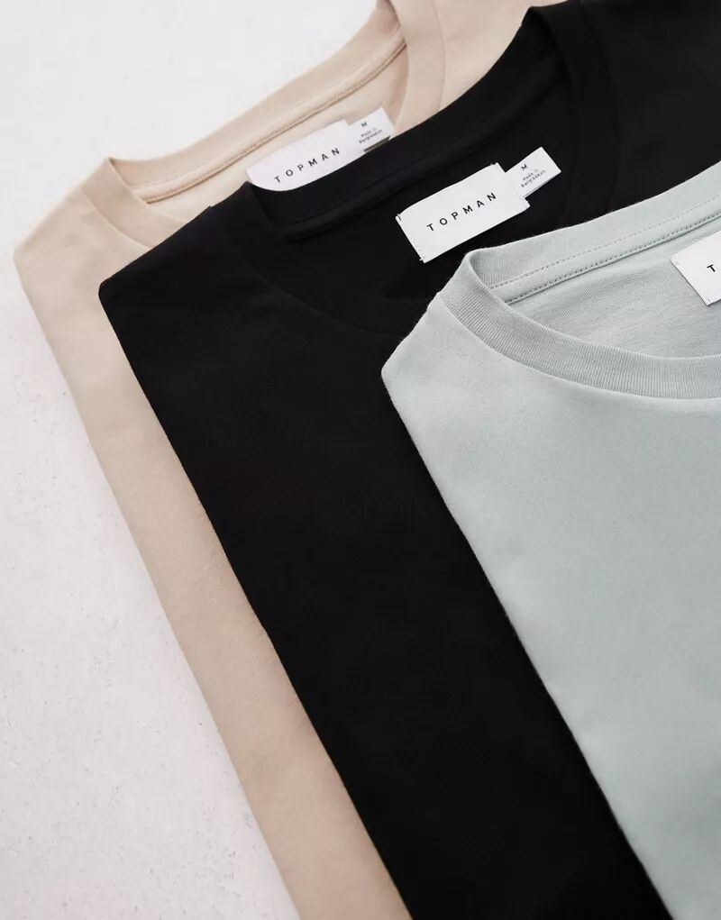 Набор из трех футболок классического кроя Topman черного, каменно-бежевого и шалфейного цветов