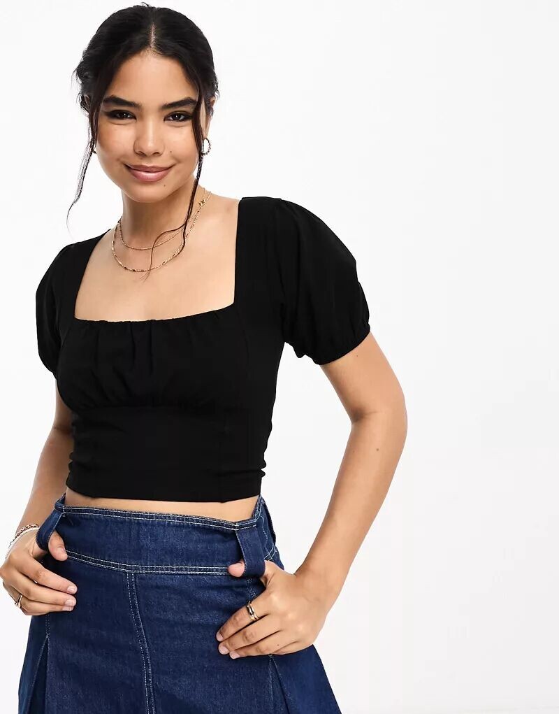 

Черный топ с короткими рукавами и швом на груди ASOS