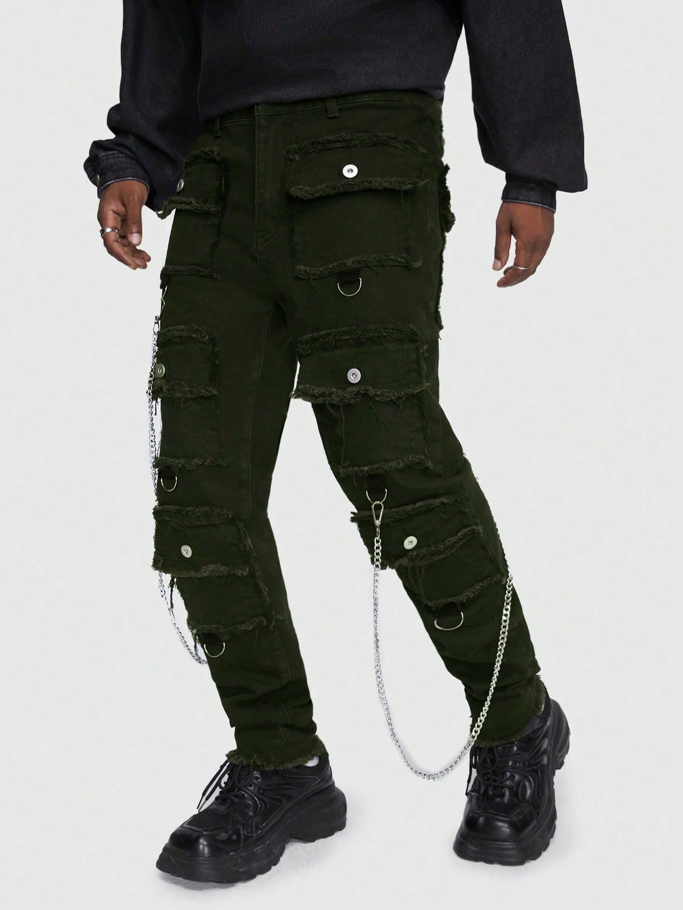 ROMWE Мужские джинсы с потертостями и множеством карманов в стиле гранж-панк, армейский зеленый