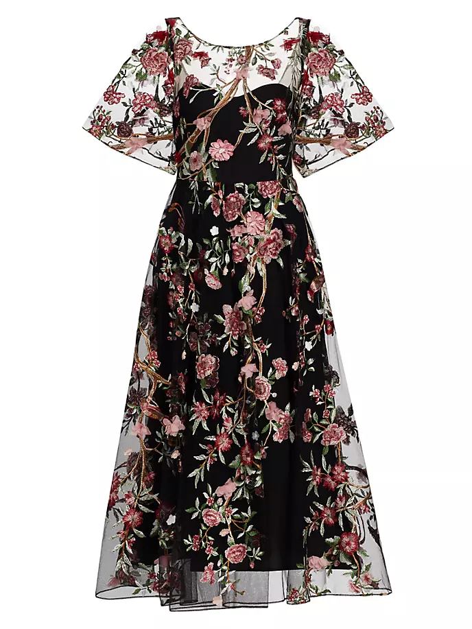 Коктейльное платье из тюля с цветочной вышивкой Marchesa Notte, черный