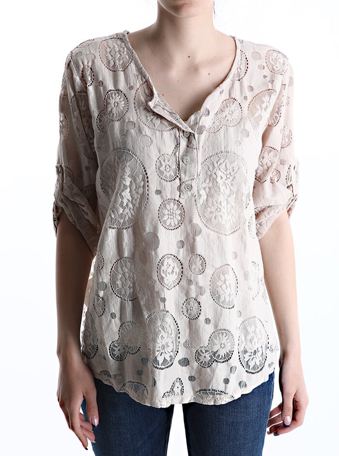 

Вышитая блузка на пуговицах, бежевый