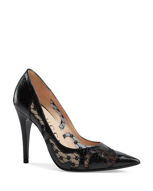 

Женские туфли-лодочки с острым носком и тиснением змеи Gucci, цвет Black