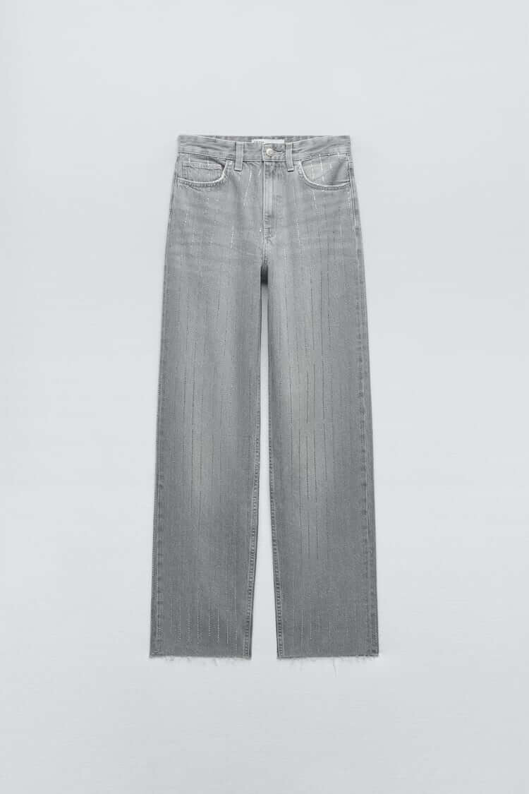 

Свободные джинсы средней посадки со стразами Zara ZW Boyfriend, серый