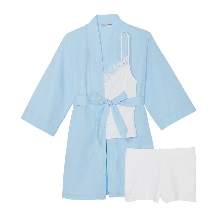 

Пижамный комплект Victoria's Secret Cotton, 3 предмета, белый, голубой