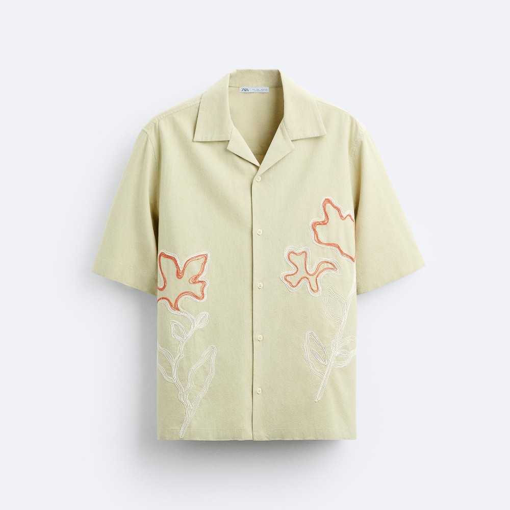 Рубашка Zara Floral Embroidery, темно-бежевый
