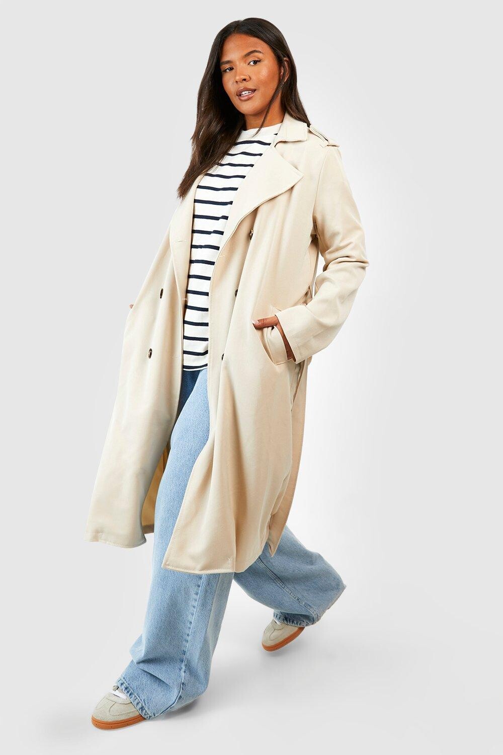 

Длинный тканый плащ Plus с поясом boohoo, бежевый