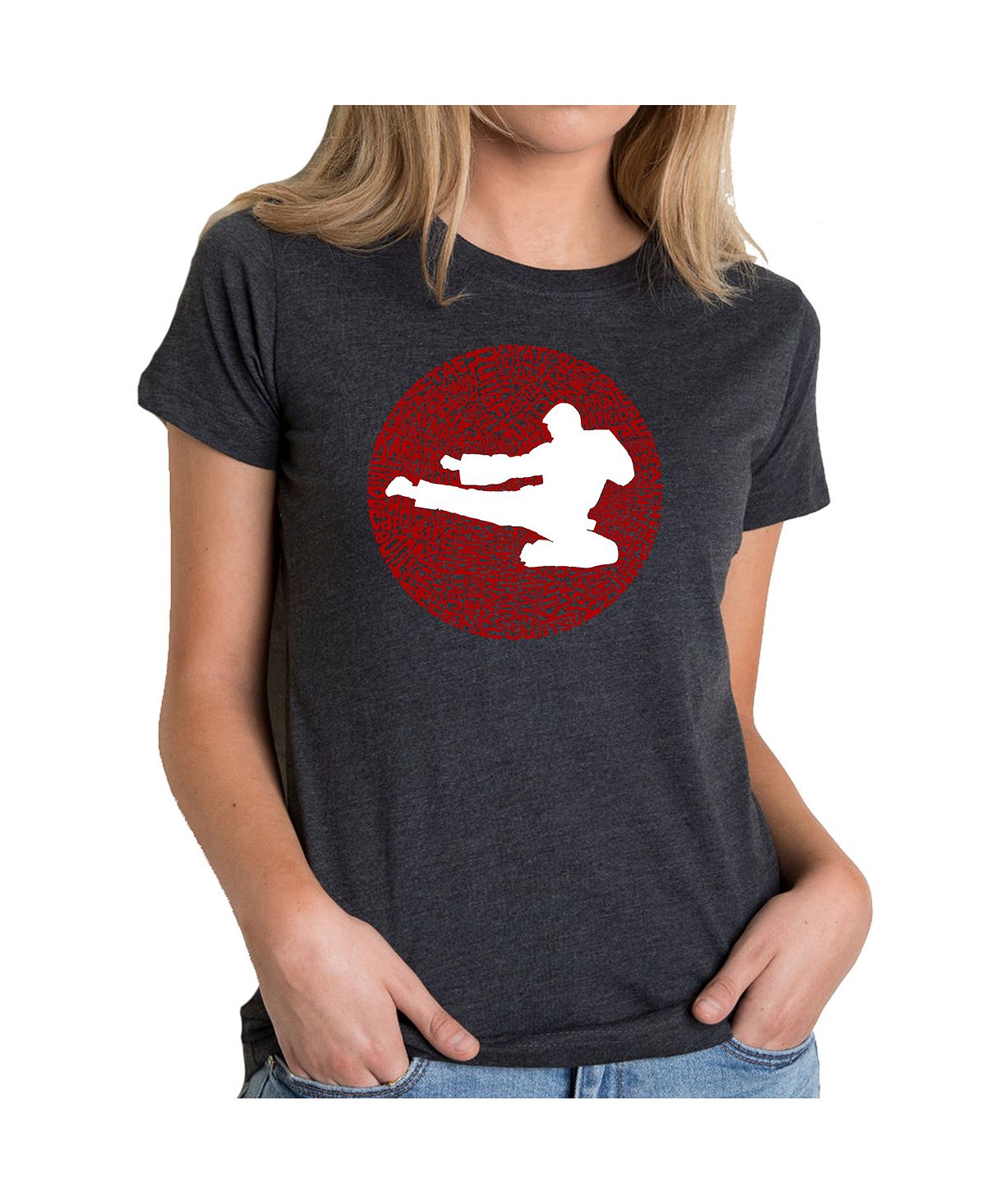 Женская футболка premium blend с изображением видов боевых искусств word art LA Pop Art, черный тедески марк анатомия для исцеления и боевых искусств