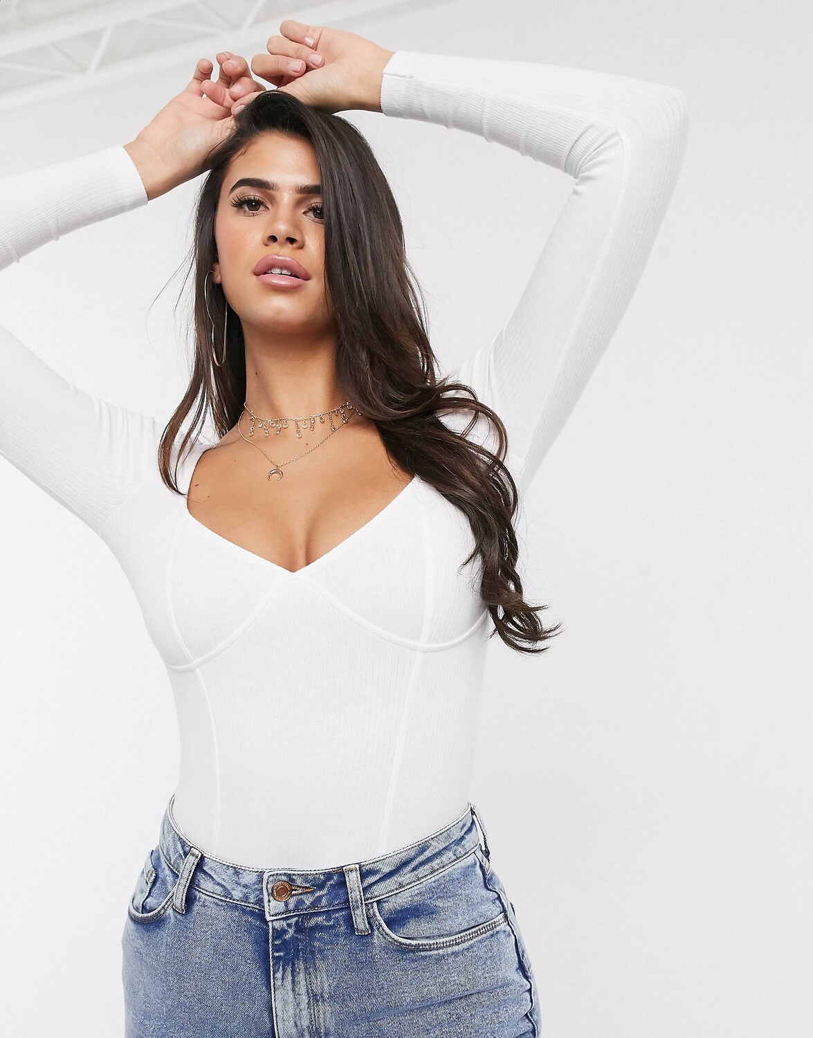 

Белое боди в рубчик со швами на груди и длинными рукавами ASOS DESIGN
