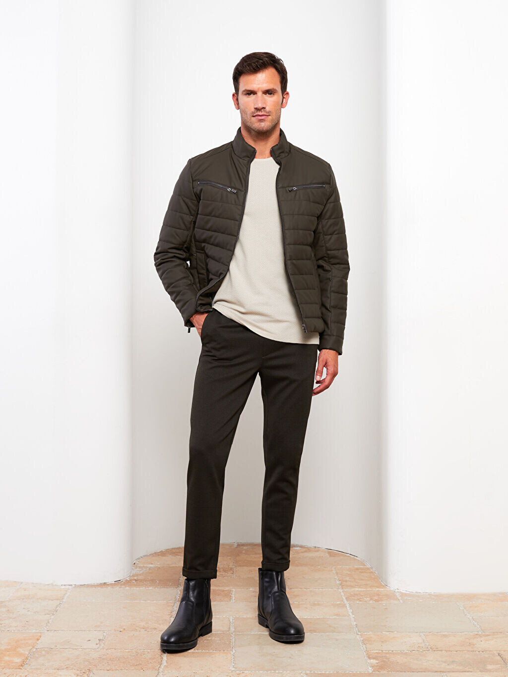 

Мужское кожаное пальто Slim Fit с воротником-стойкой LCW Vision, Серый