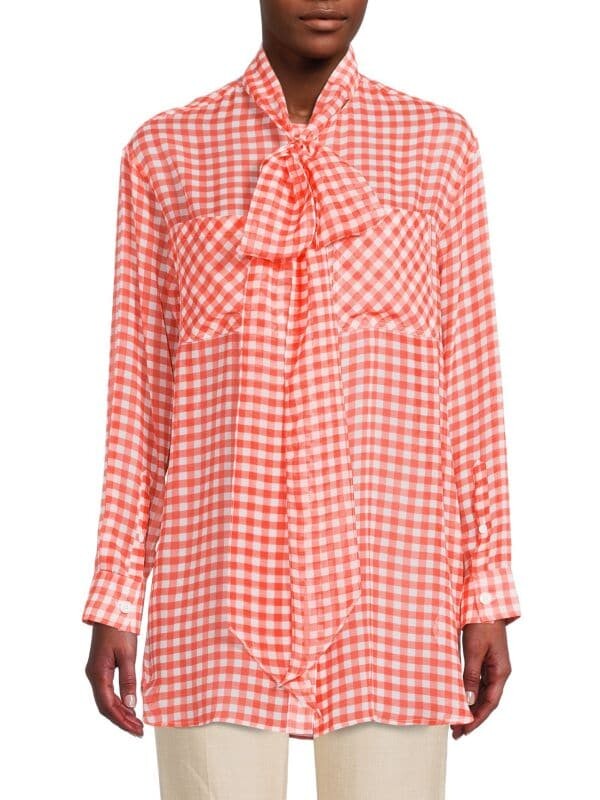 

Шелковая рубашка с принтом в мелкую клетку и галстуком спереди Burberry Red print