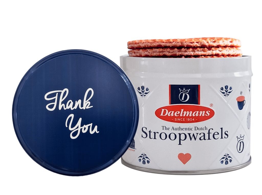 

Daelmans Stroopwafel Tin Спасибо - Коробка с 6 баночками - 230 грамм в банке - 8 штрупвафелей в банке (48 штук) Daelmans