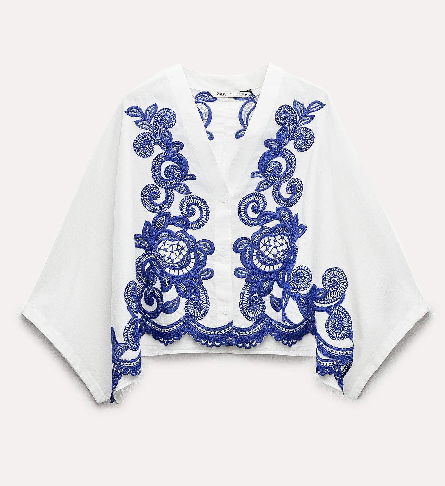Блуза Zara Zw Collection With Contrast Embroidery, белый блуза с вышивкой