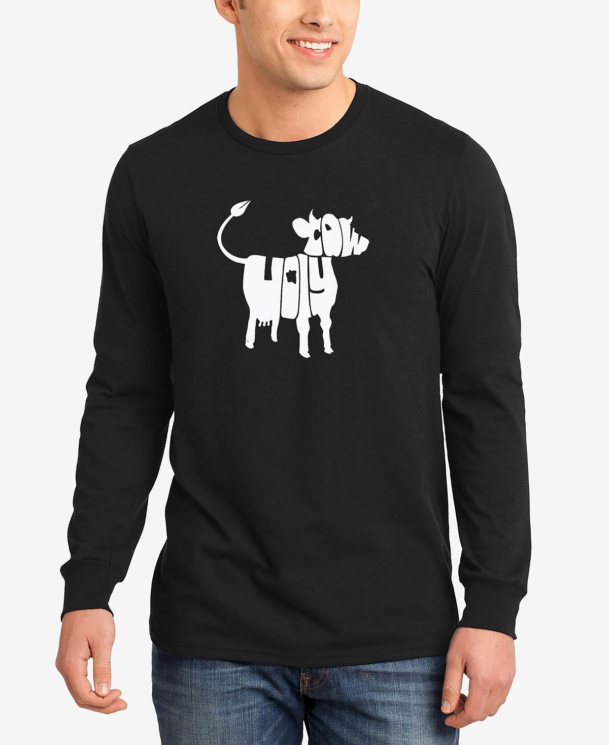 Мужская футболка с длинными рукавами holy cow word art LA Pop Art, черный цена и фото