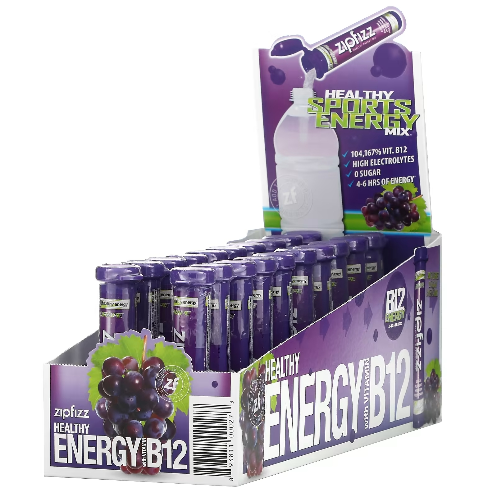 Энергетическая Смесь с Витамином B12 Zipfizz, виноград, 20 тюбиков по 11