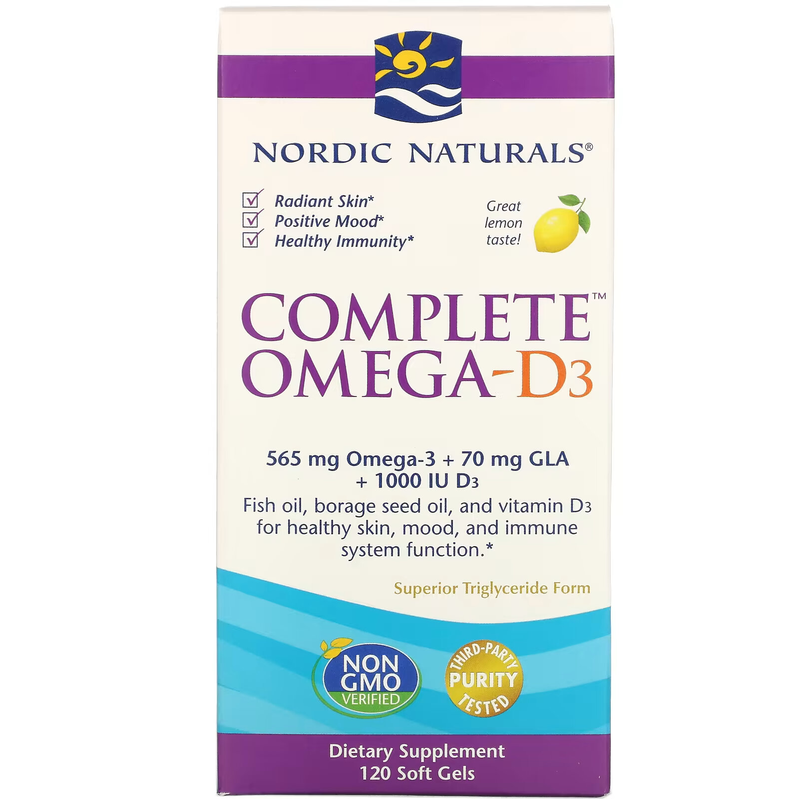 цена Nordic Naturals, Полный комплекс Омега-D3, лимон, 500 мг, 120 капсул