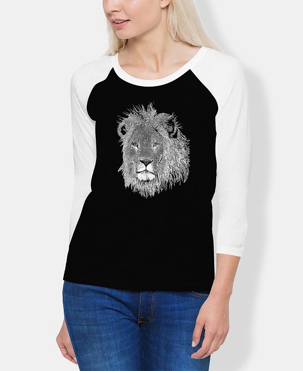 Женская футболка реглан word art lion LA Pop Art, черно-белый
