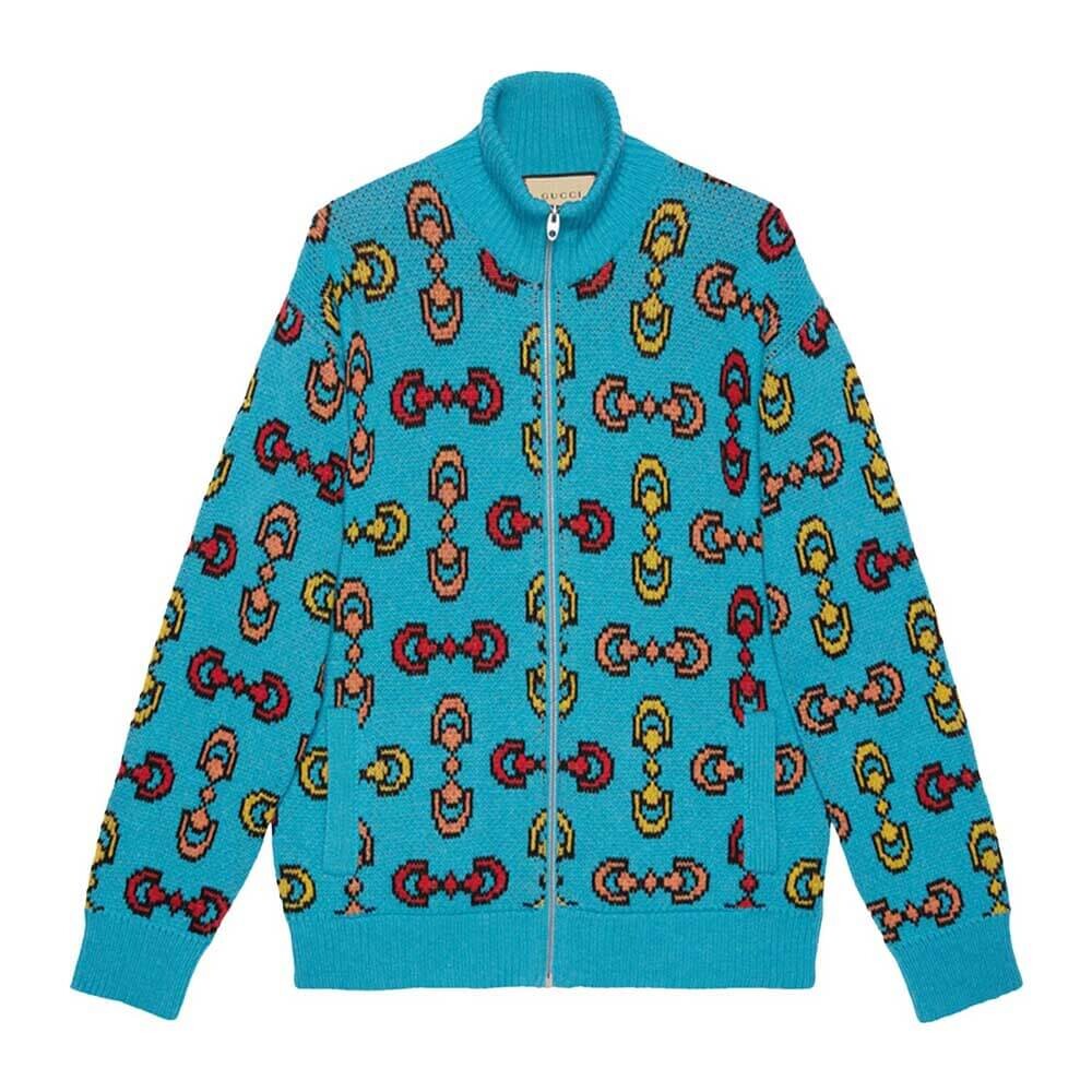 Куртка-бомбер Gucci Horsebit Jacquard Wool Knit, голубой