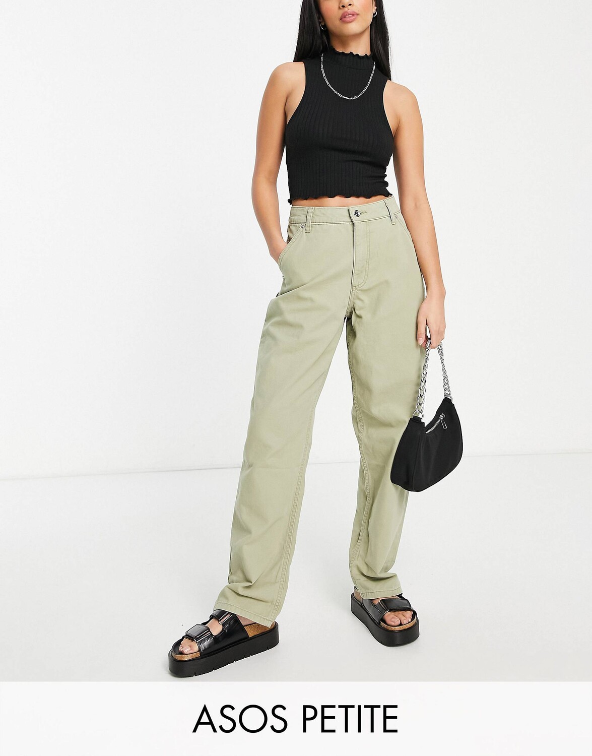 

Брюки цвета хаки прямого кроя с напуском ASOS DESIGN Petite