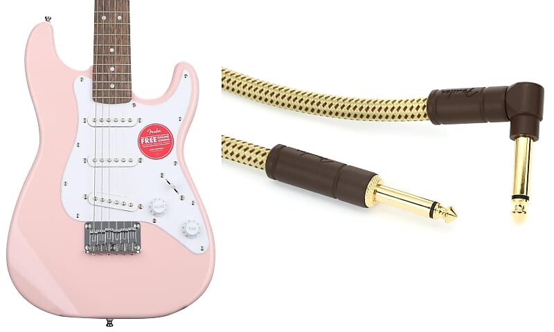 

Электрогитара Squier Mini Strat - розовый цвет с лавровым грифом в комплекте с крылом 0990820086 Deluxe Series Инструментальный кабель с прямым углом к ​​прямому углу - 15-футовый твид Squier + Fender 0370121556=1 0990820086=1