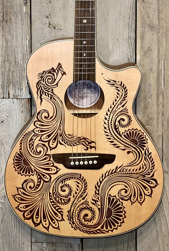 Акустическая гитара Luna Henna Dragon Spruce Acoustic/Electric Guitar, Help Support Small Business & Buy It Here ! акустическая гитара luna guitars henna paradise select spruce acoustic electric guitar satin natural support indie music