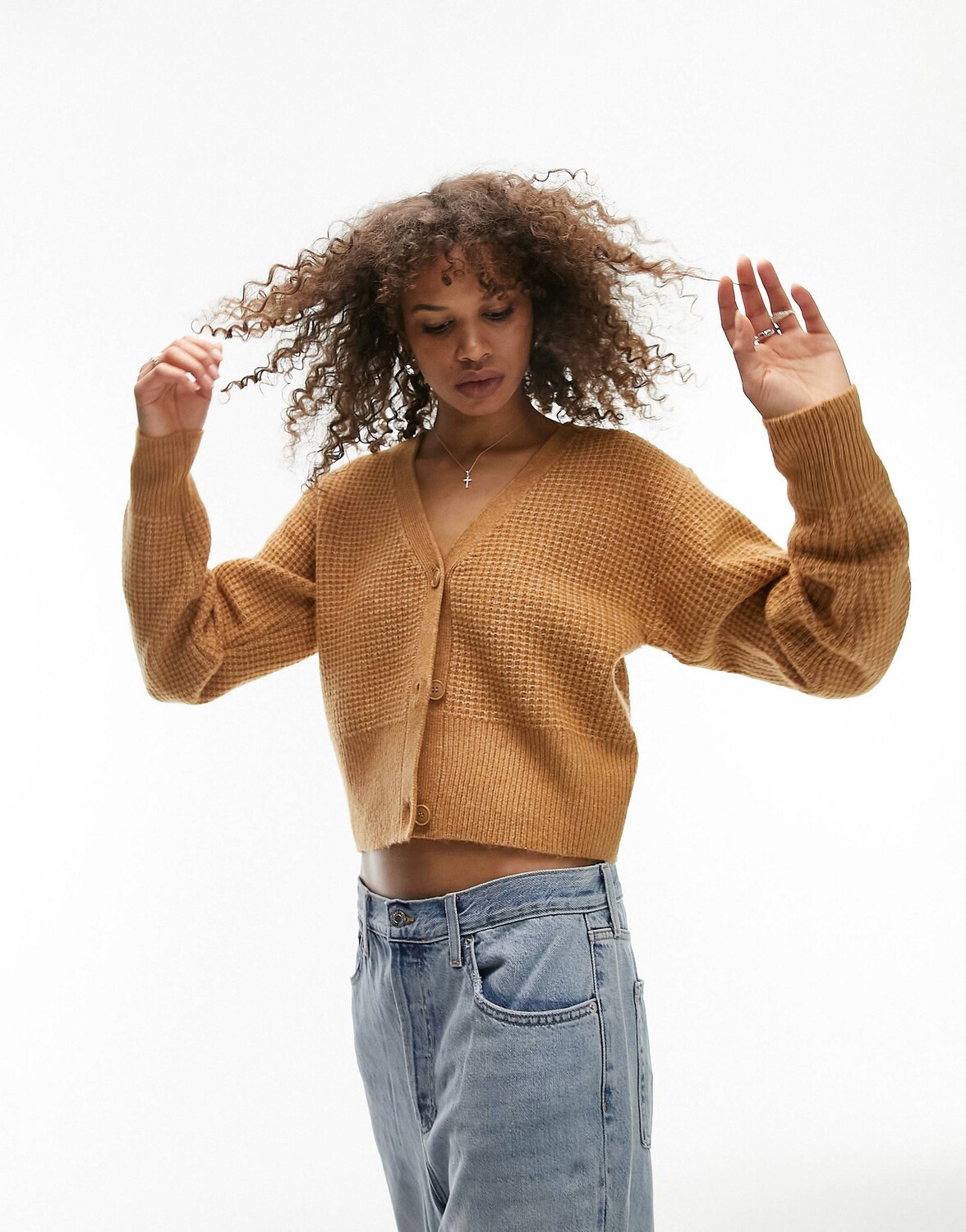 

Верблюжий вязаный фактурный укороченный кардиган Topshop Tall