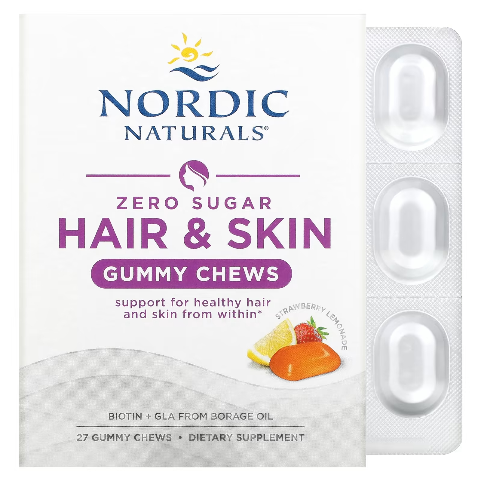 Nordic Naturals Zero Sugar Hair & Skin Gummy Chews Strawberry Lemonade, 27шт - фото