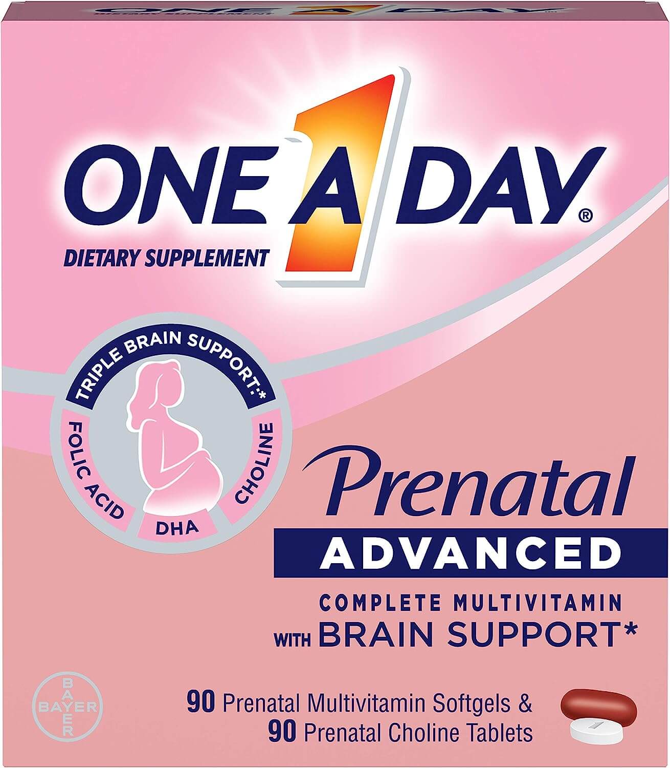 Мультивитамины для беременных One-A-Day Prenatal Advanced Complete Multivitamin with Brain Support, 90 капсул + 90 таблеток комплекс для женщин one a day women s prenatal 1 90 капсул