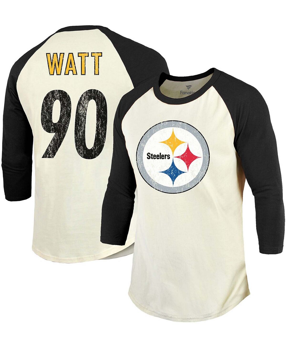 

Мужские футболки t.j. watt cream, черная футболка pittsburgh steelers в винтажном стиле с именем игрока и номером реглан с рукавами 3/4 Fanatics, мульти