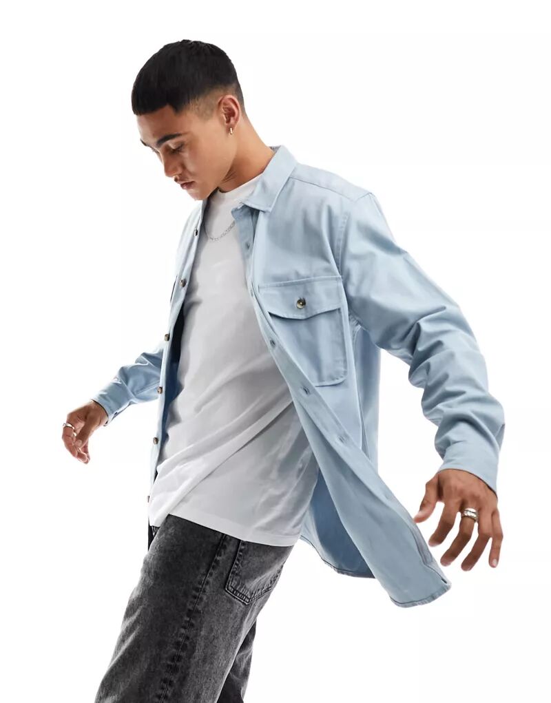 Хлопковая куртка-рубашка пыльно-синего цвета ASOS
