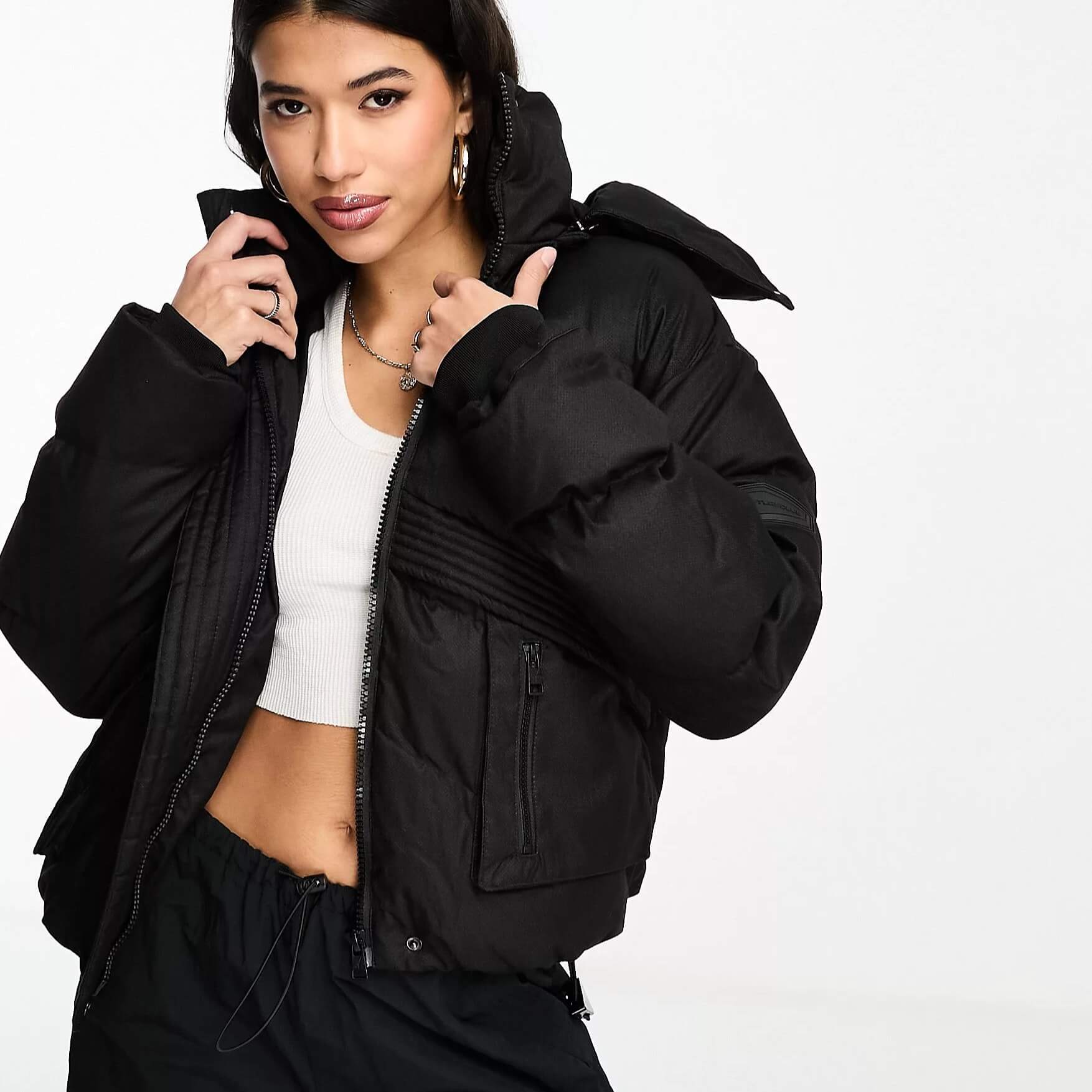 короткая утепленная зимняя куртка со съемным капюшоном edc by esprit бежевый Куртка утепленная The Couture Club Oversized Cropped, черный