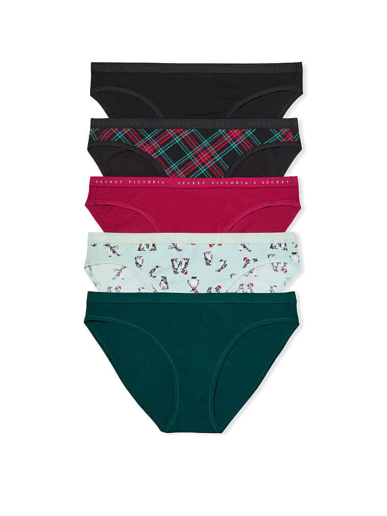 

Комплект трусов-бикини Victoria's Secret Stretch Cotton and Mesh, 5 шт., черный/зеленый/красный