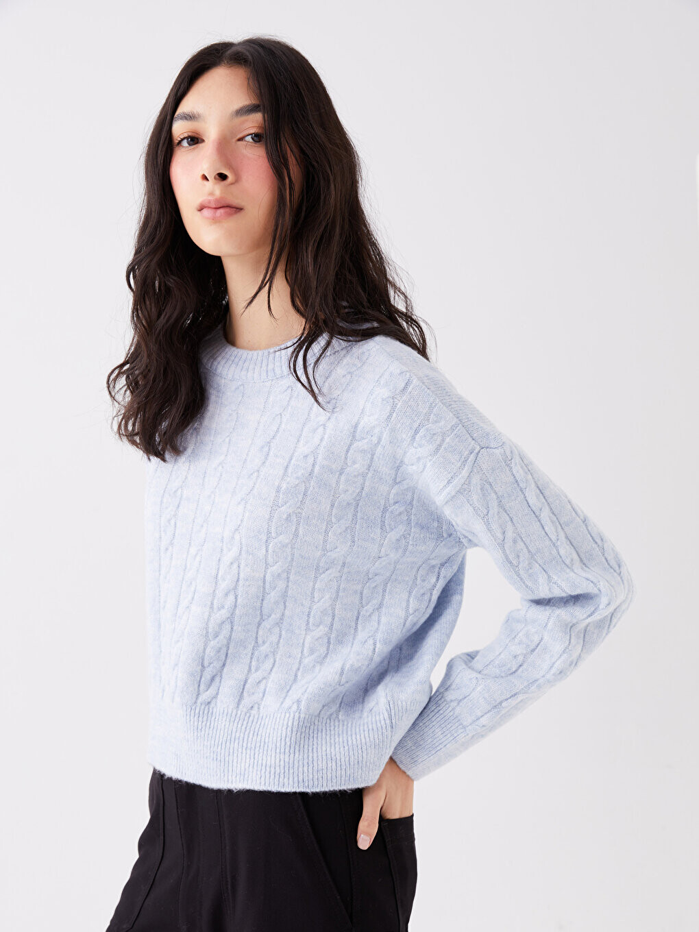 

Женский трикотажный свитер с длинным рукавом с круглым вырезом и узором LCW Casual, синий