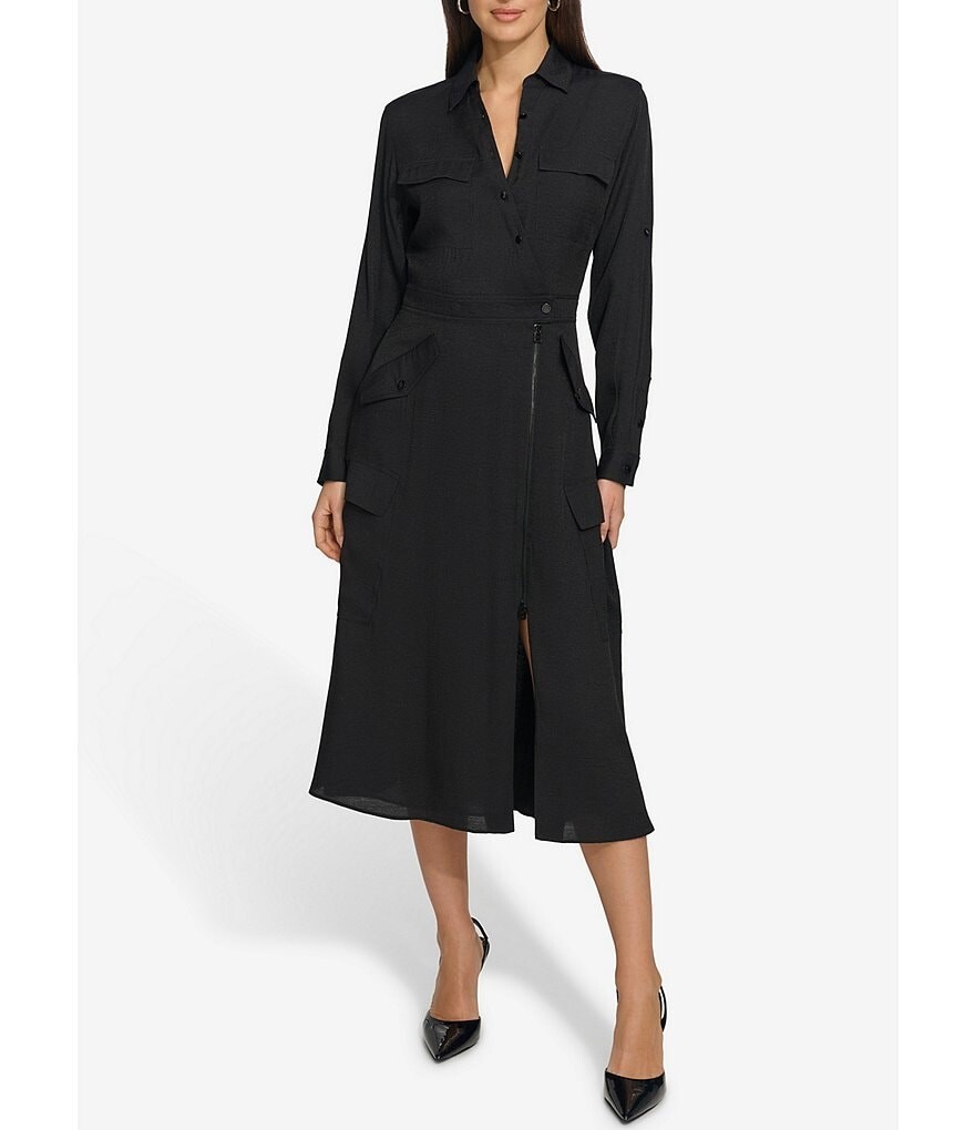 

Платье миди карго с закатанными рукавами DKNY, черный
