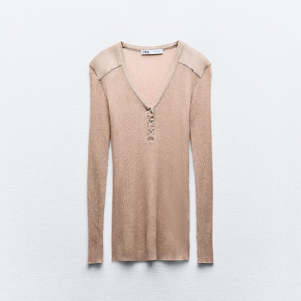 Свитер Zara Contrast Satin Knit, светло-розовый свитер zara knit with rhinestone polo collar светло розовый