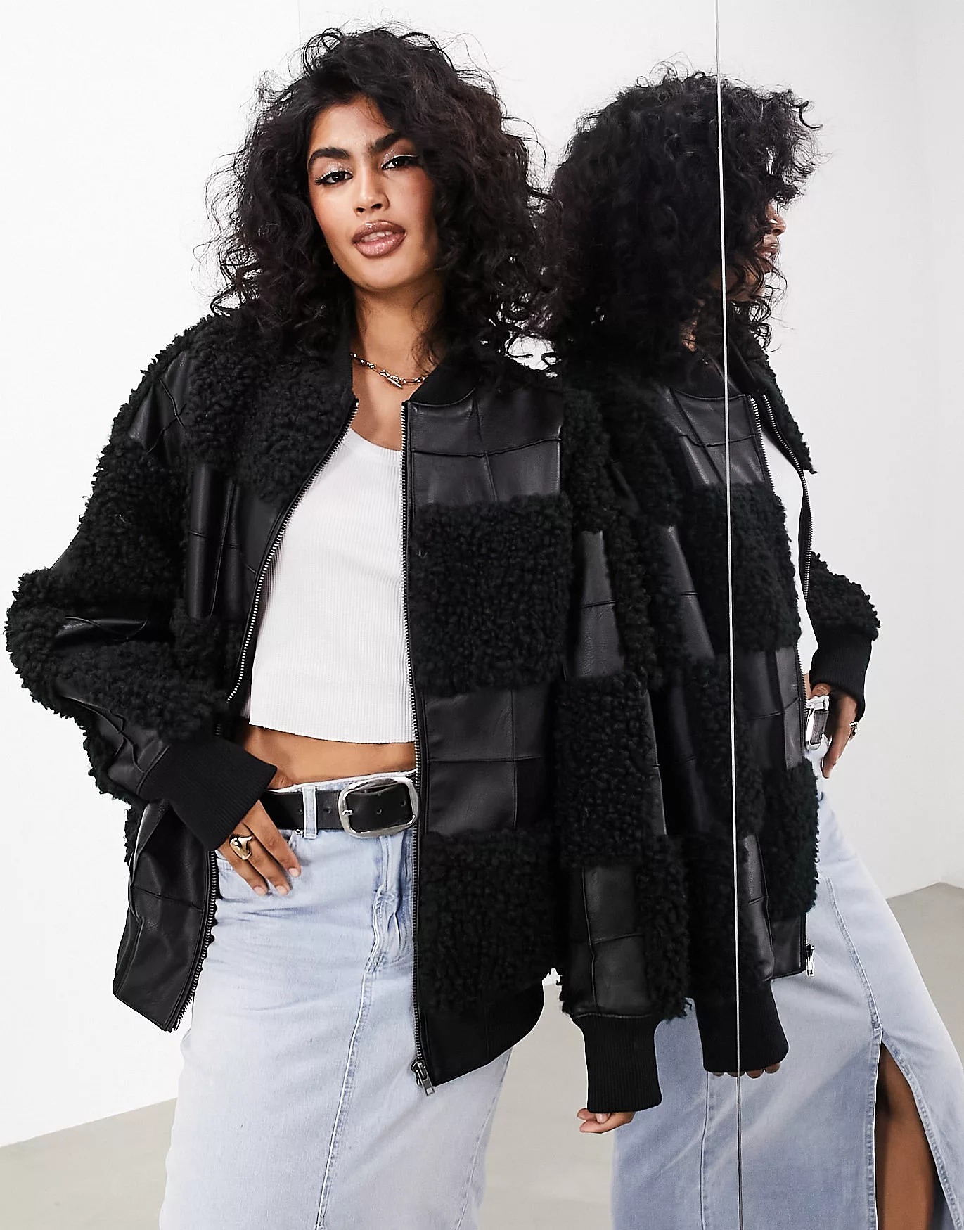 Куртка Asos Edition Oversized Faux Leather Patchwork Bomber, черный женская зимняя утепленная куртка из искусственной овечьей кожи свободная черная куртка оверсайз в байкерском стиле 2021