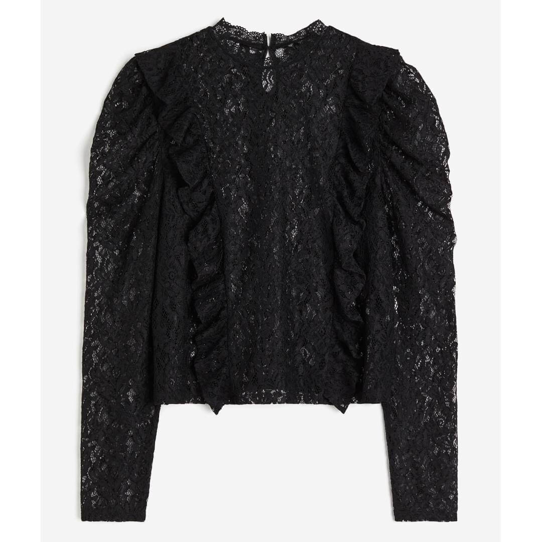 

Кружевной топ с пышными рукавами H&M Ruffle-trimmed, черный