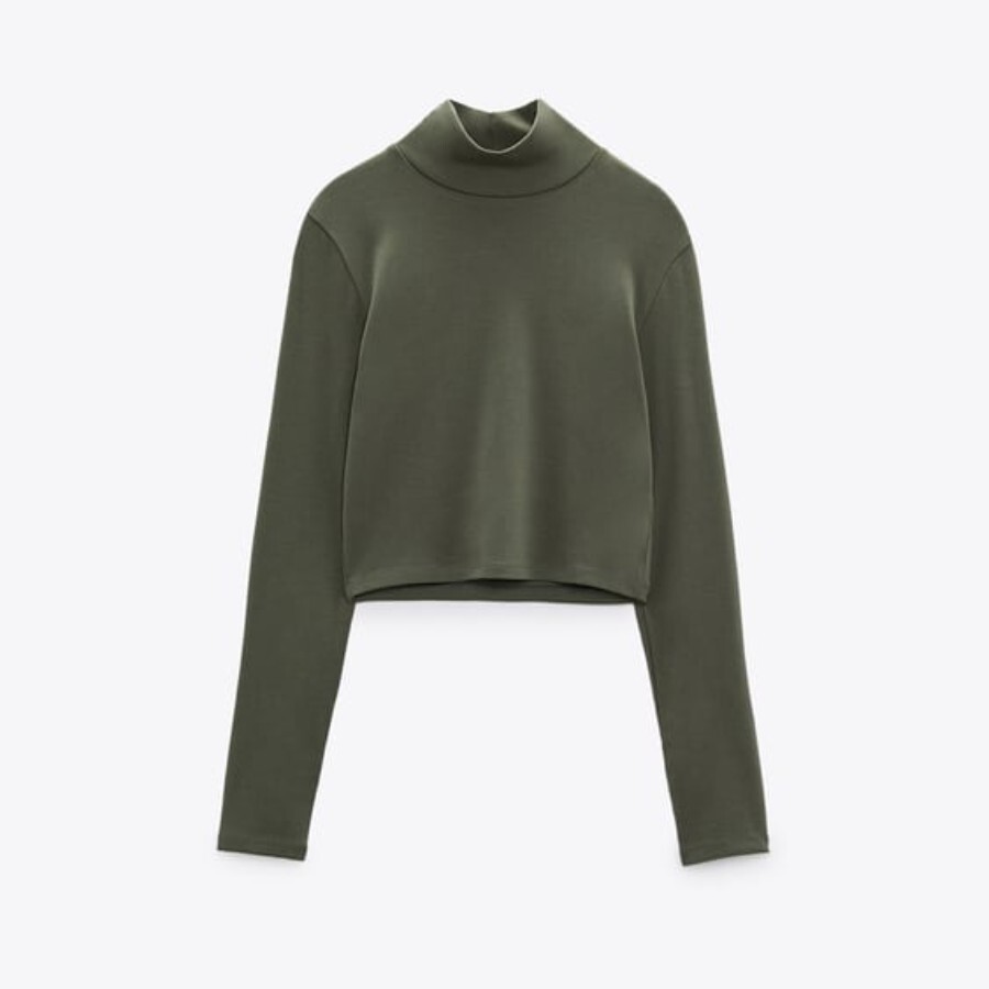 

Лонгслив Zara Cropped Mock Neck, хаки
