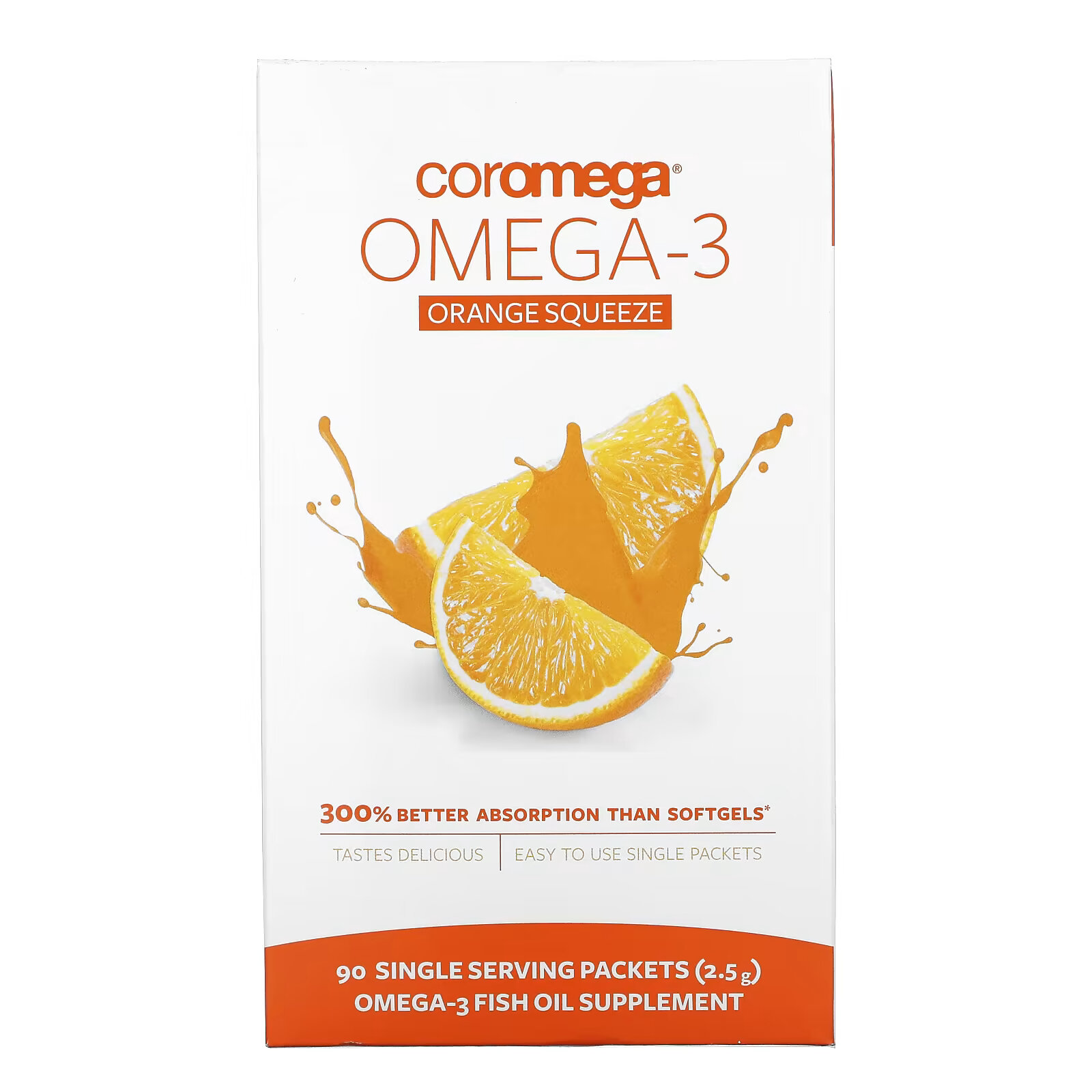 Coromega, омега-3 со вкусом апельсина, 90 пакетиков, 2,5 г каждый 33192
